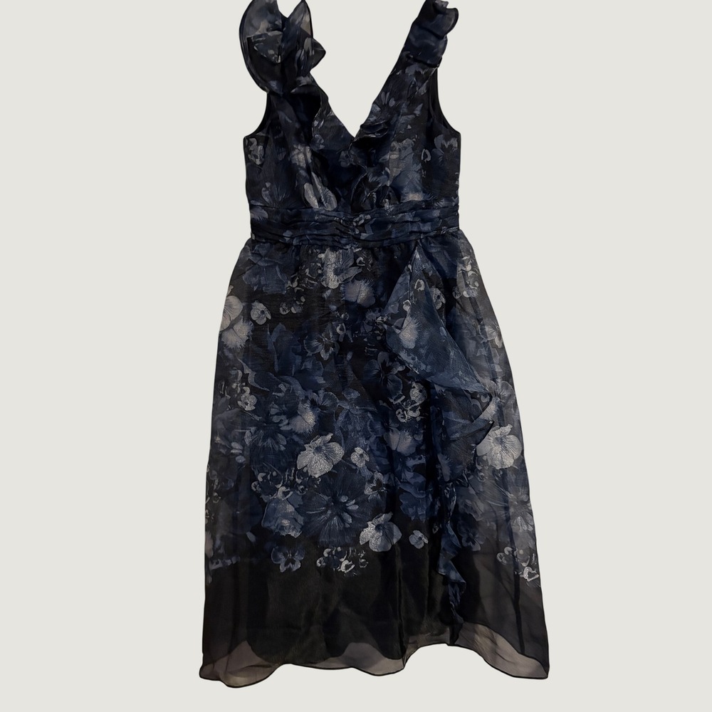 Maggy London Floral Organza Dress Womens 6‎ Blue Black Ruffle V-Neck NWOT